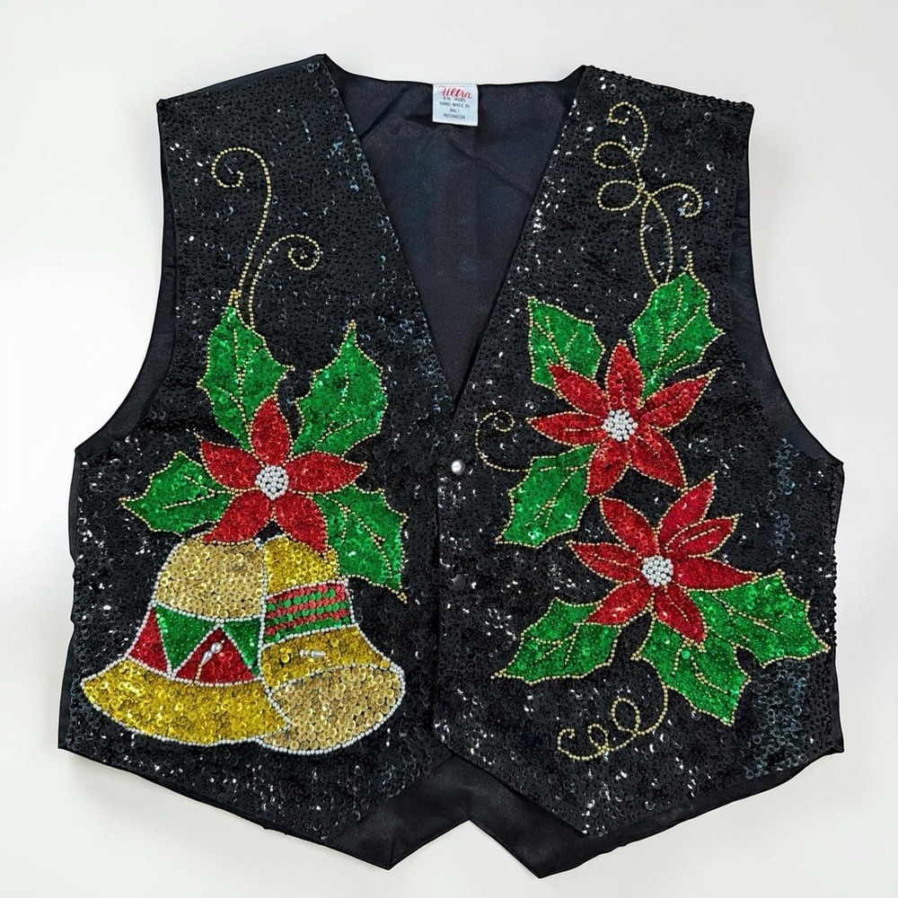 Vintage Full Sequin & Bead Christmas Poinsettia Gold Bell Themed Snap Vest Sz M